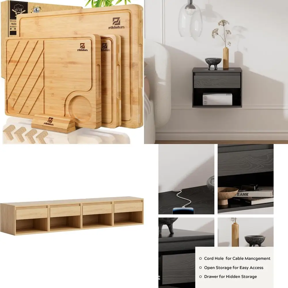 Kitchen Bamboo Cutting Boards Set - 4 Piece Charcuterie Chopping Boards with Holder, Non-Slip, Steak Serving Trays
Kitchen Bamboo Cutting Boards Set - 4 Piece Charcuterie Chopping Boards with Holder, Non-Slip, Steak Serving Trays