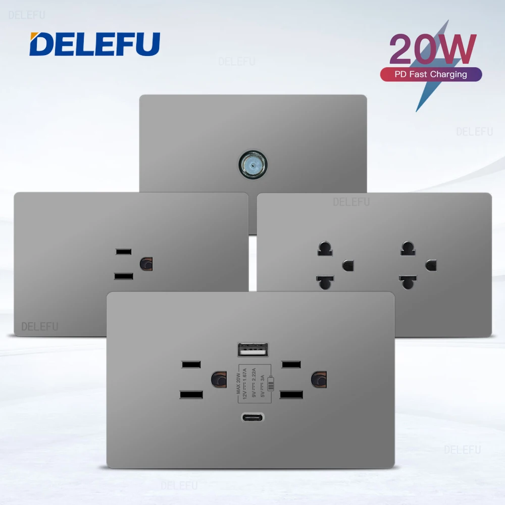 DELEFU Flame Retardant Grey PC Panel Mexico Standard Type C Fast Charging US Socket 124*76mm Wall Socket Switch
DELEFU Flame Retardant Grey PC Panel Mexico Standard Type C Fast Charging US Socket 124*76mm Wall Socket Switch