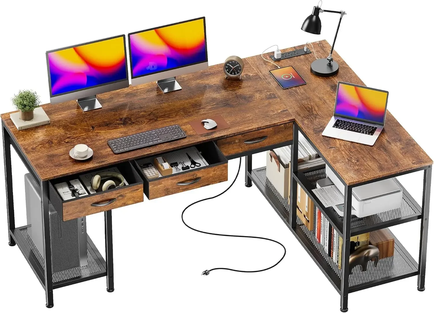 55 Inch L Shaped Office Desk with Power Outlets and Type-C Port, Large Computer Gaming Desk with 3 Fabric Drawers, Mesh Shelves,
55 Inch L Shaped Office Desk with Power Outlets and Type-C Port, Large Computer Gaming Desk with 3 Fabric Drawers, Mesh Shelves,