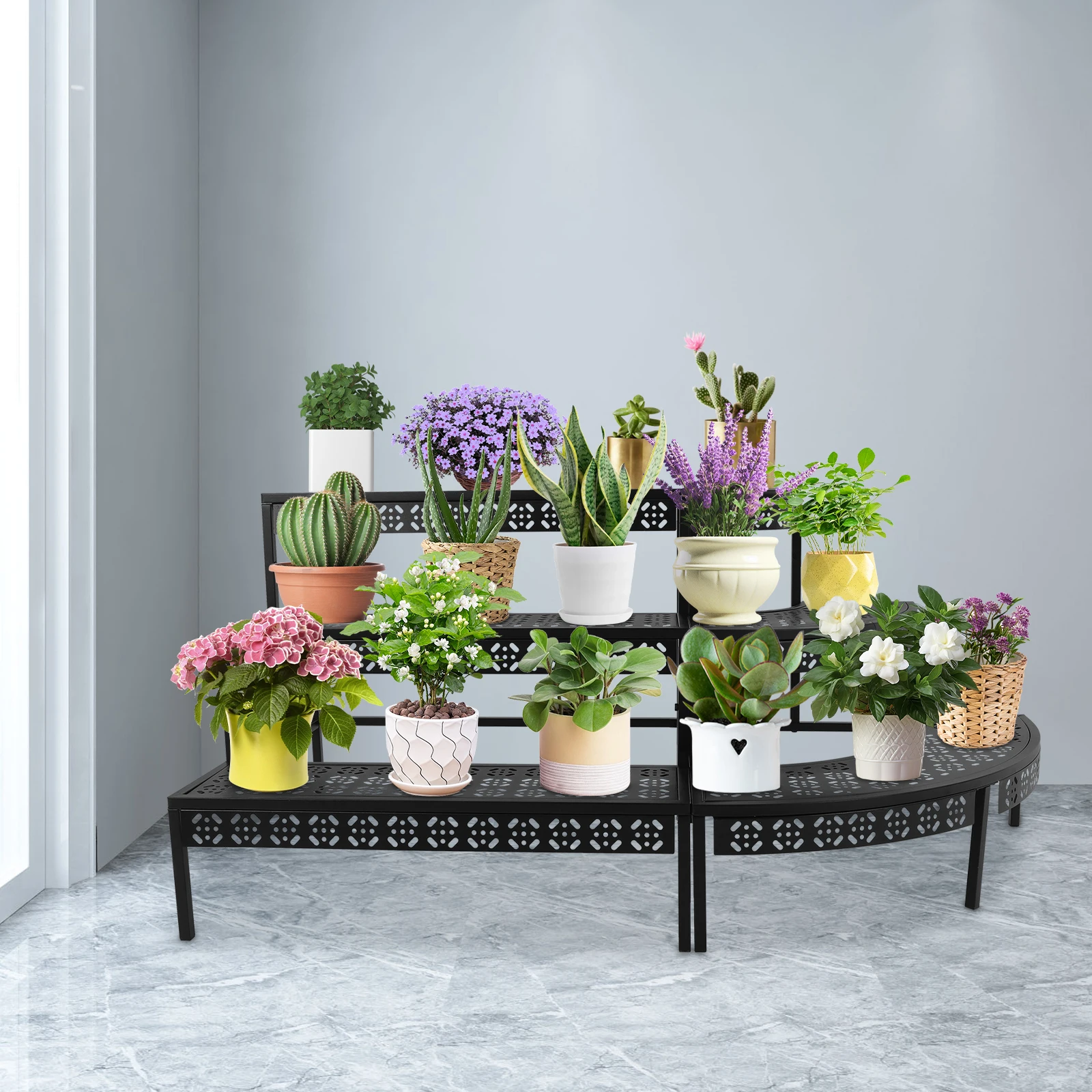 3-Tier Iron Plant Stand, Retro Flower Shelf W/Cut-Outs, Rectangular & Fan-Shaped Potted Plant Holder for Garden Living Room
3-Tier Iron Plant Stand, Retro Flower Shelf W/Cut-Outs, Rectangular & Fan-Shaped Potted Plant Holder for Garden Living Room
