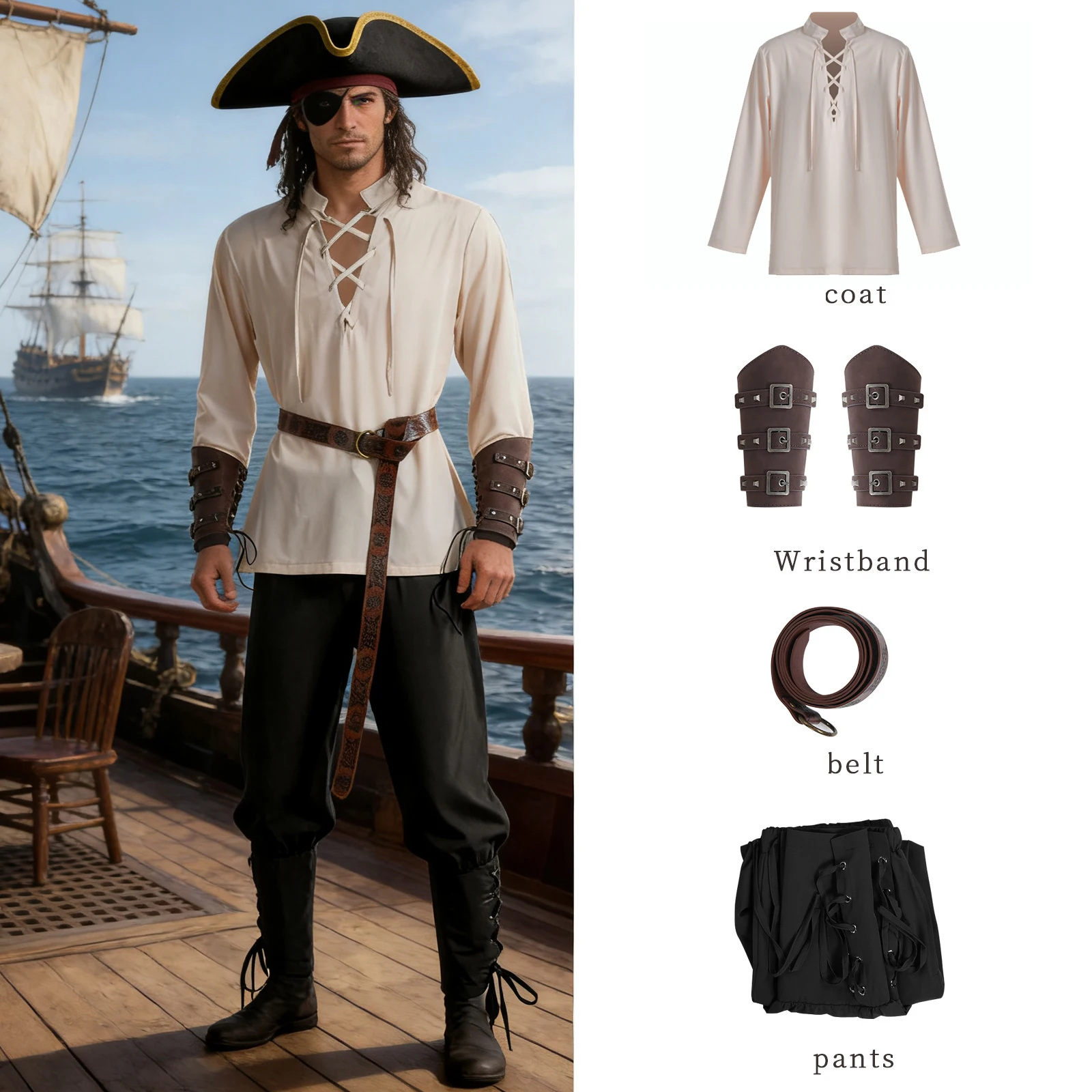 Medieval Renaissance Pirate Costume Men's Lace Up Shirt Pants Set Viking Cosplay Outfit Adult Halloween Costume
Medieval Renaissance Pirate Costume Men's Lace Up Shirt Pants Set Viking Cosplay Outfit Adult Halloween Costume