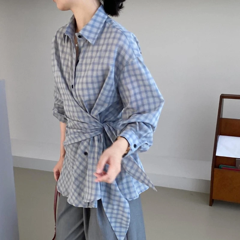 Juspinice Light Blue Retro Plaid Strappy Slit Shirt for Women Spring and Autumn Irregular Single Breaste Shirt Loose Casual Tops
Juspinice Light Blue Retro Plaid Strappy Slit Shirt for Women Spring and Autumn Irregular Single Breaste Shirt Loose Casual Tops
