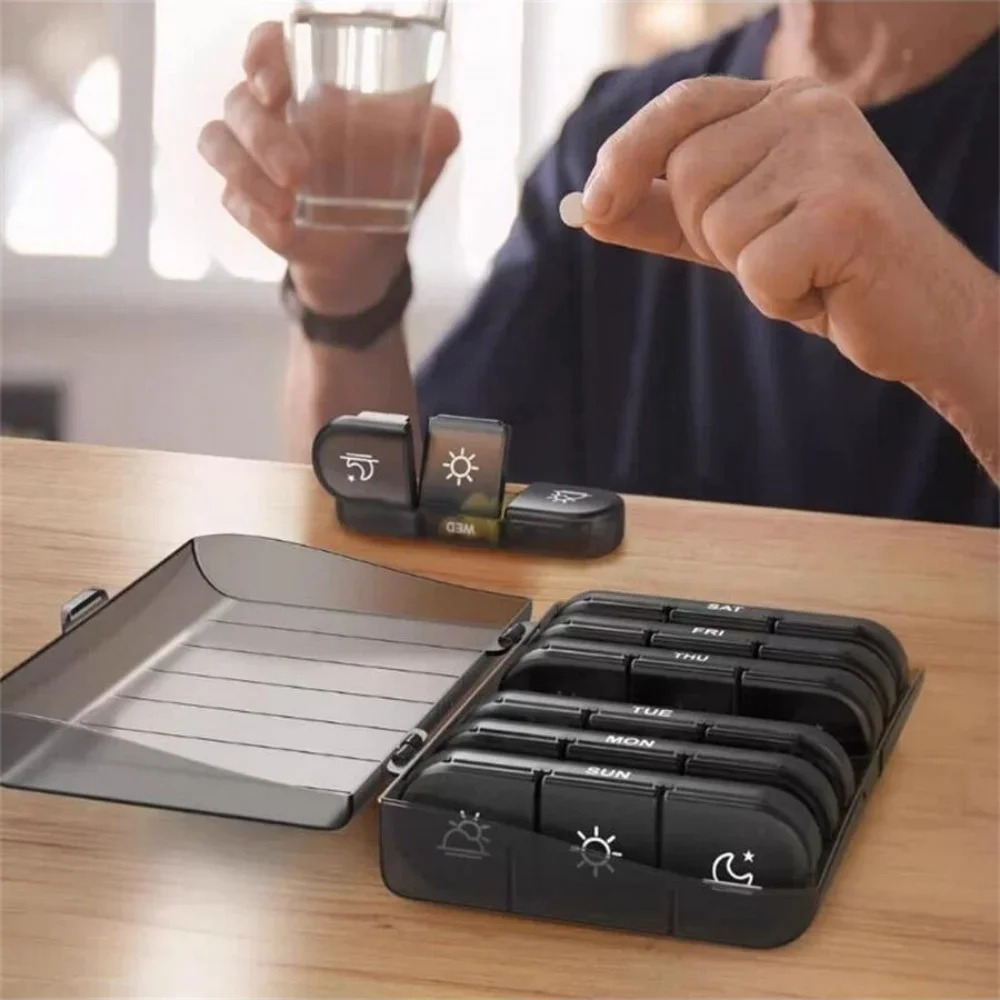 7 Days Pill Medicine Box Weekly Tablet Holder Storage Organizer Container Case Pill Box Splitters Black Pill Case Organizer
7 Days Pill Medicine Box Weekly Tablet Holder Storage Organizer Container Case Pill Box Splitters Black Pill Case Organizer