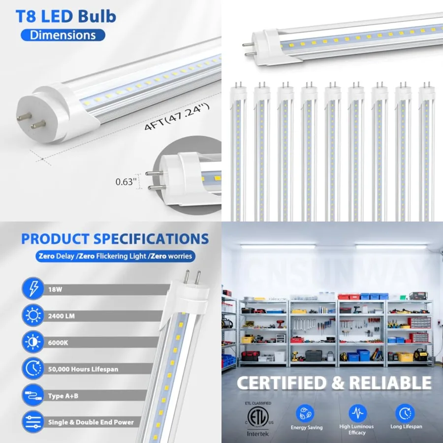 CNSUNWAY 4Feet LED Tube Lights - 18W, 2400LM 6000K Daylight, Type A+B Plug and Play/Ballast Bypass, Single/Double-End Power, T8
CNSUNWAY 4Feet LED Tube Lights - 18W, 2400LM 6000K Daylight, Type A+B Plug and Play/Ballast Bypass, Single/Double-End Power, T8