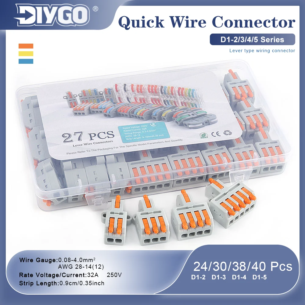 27PCS Lever Wire Connectors Kit Quick Splicing Assortment Compact Electrical Terminal for 28-12 AWG Solid & Stranded Wires
27PCS Lever Wire Connectors Kit Quick Splicing Assortment Compact Electrical Terminal for 28-12 AWG Solid & Stranded Wires