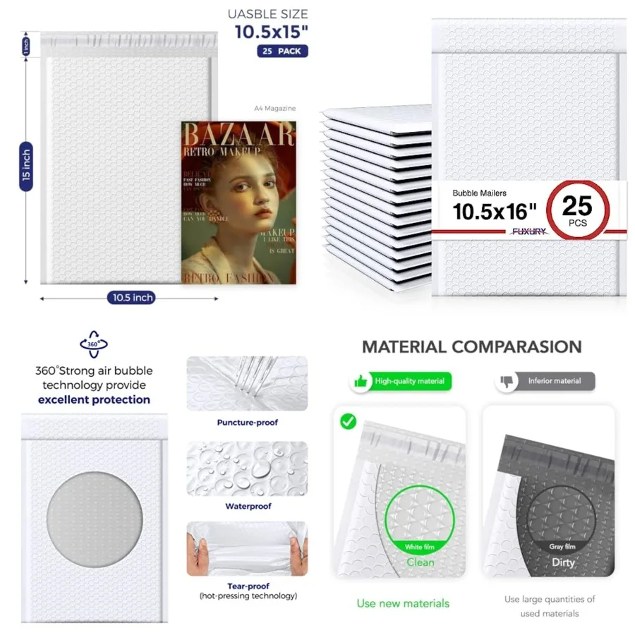 Bubble Mailers 10.5x16 Inch 25 Pack, Self Seal Padded Envelopes Waterproof Shipping Bags, Padded Mailers, Bubble Bags for Maili
Bubble Mailers 10.5x16 Inch 25 Pack, Self Seal Padded Envelopes Waterproof Shipping Bags, Padded Mailers, Bubble Bags for Maili