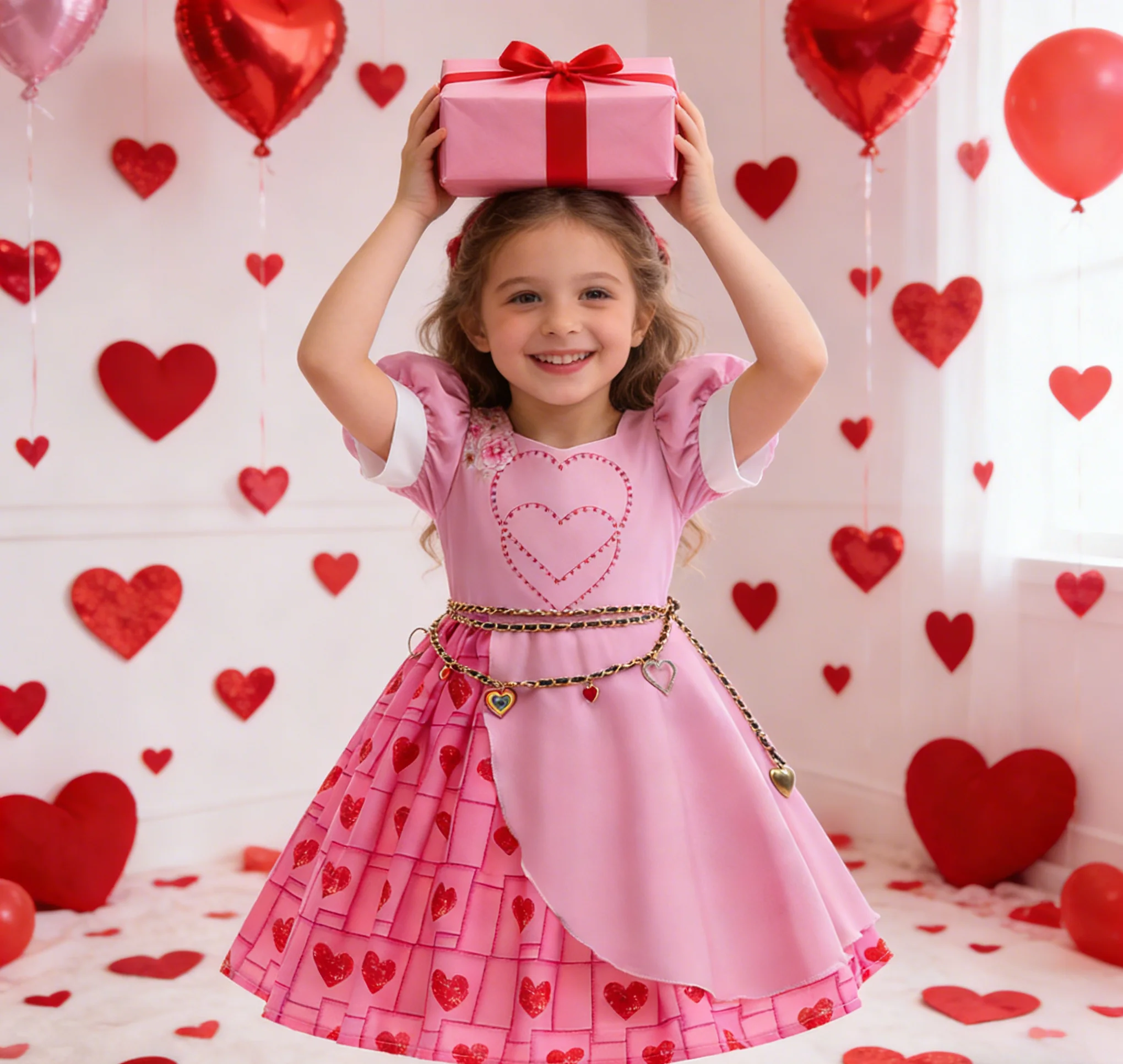 Летнее платье для девочек с принтом в виде сердечек, короткий рукав, с поясом-цепочкой в виде сердца, А-силуэт, детская одежда для принцесс, карнавал, День святого Валентина
Летнее платье для девочек с принтом в виде сердечек, короткий рукав, с поясом-цепочкой в виде сердца, А-силуэт, детская одежда для принцесс, карнавал, День святого Валентина