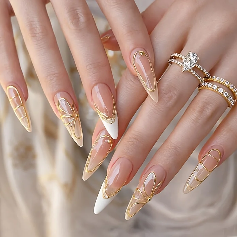 A box of 30 3D gold line flower press nail tips/almond shaped acrylic nail pieces, long, smooth white nail piece design, spring and summer fake nails can be reused, gold-plated craftsmanship, women and girls daily dating outfits, holiday gifts&giveaways
A box of 30 3D gold line flower press nail tips/almond shaped acrylic nail pieces, long, smooth white nail piece design, spring and summer fake nails can be reused, gold-plated craftsmanship, women and girls daily dating outfits, holiday gifts&giveaways