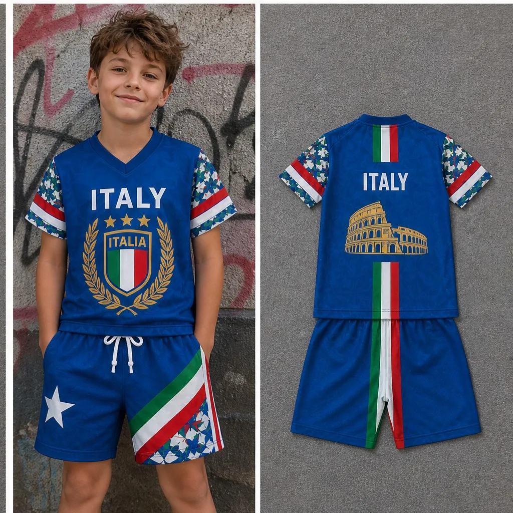 Kids V Neck Short Sleeve Set Italy Laurel Badge Print Tee And Shorts Casual Summer Outfit For Boys Street Active Wear Easy Style
Kids V Neck Short Sleeve Set Italy Laurel Badge Print Tee And Shorts Casual Summer Outfit For Boys Street Active Wear Easy Style
