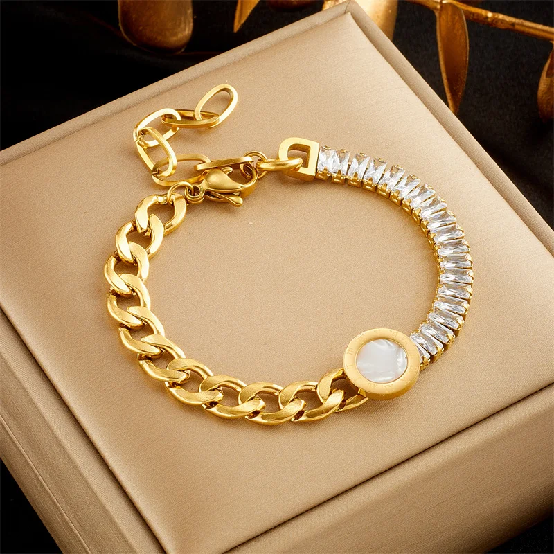 Gold Tone 316L Stainless Steel CZ & Shell Inlay Cuban Link Bracelet, Adjustable for Women
Gold Tone 316L Stainless Steel CZ & Shell Inlay Cuban Link Bracelet, Adjustable for Women