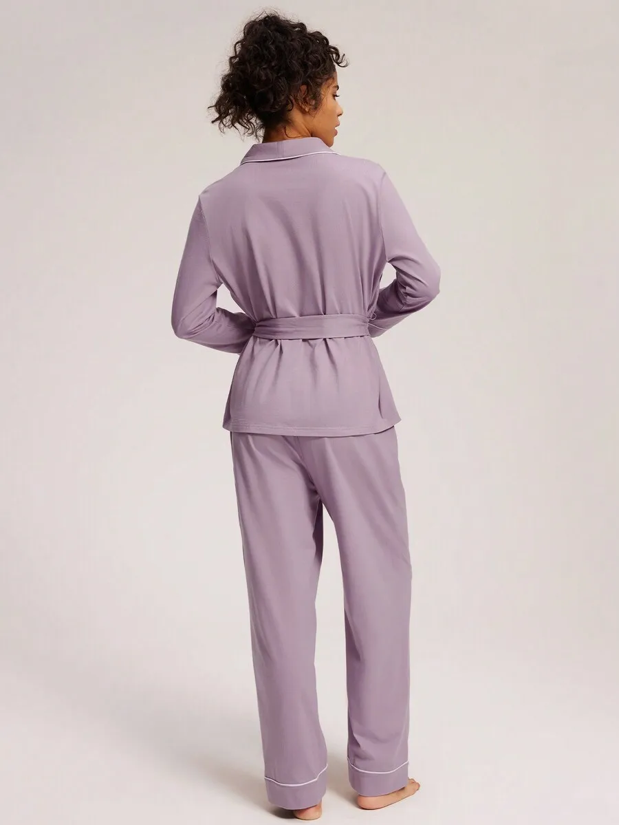 Purple 100% Cotton Long Sleeve Pajama Set With Belt For Women
Purple 100% Cotton Long Sleeve Pajama Set With Belt For Women