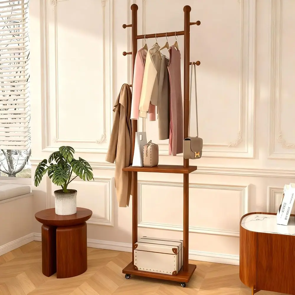 Solid Walnut Freestanding Coat Rack with Wheels, 2 Shelves, and 5 Hooks for Home Entryway or Living Room
Solid Walnut Freestanding Coat Rack with Wheels, 2 Shelves, and 5 Hooks for Home Entryway or Living Room