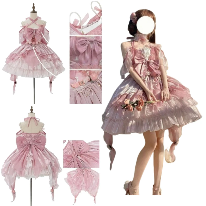 Women Lolita Jsk Dress Elegant Flower Lace Pearl Chain Bow Princess Dresses Cute Pink Fairy Outfits Wedding Party Suit
Women Lolita Jsk Dress Elegant Flower Lace Pearl Chain Bow Princess Dresses Cute Pink Fairy Outfits Wedding Party Suit