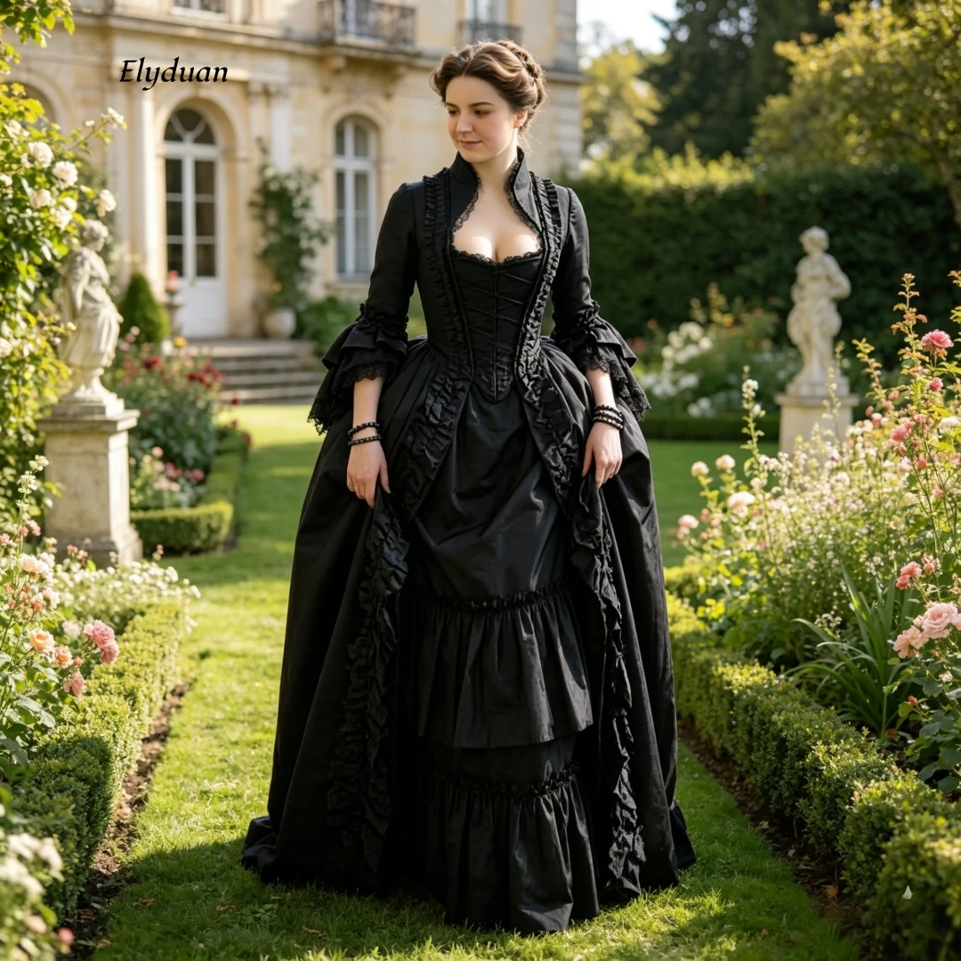 Black Victorian Gothic Prom Dress with Ruffle Trim High Neck Corset 18th Century Historical Costume Masquerade Gown Customized
Black Victorian Gothic Prom Dress with Ruffle Trim High Neck Corset 18th Century Historical Costume Masquerade Gown Customized