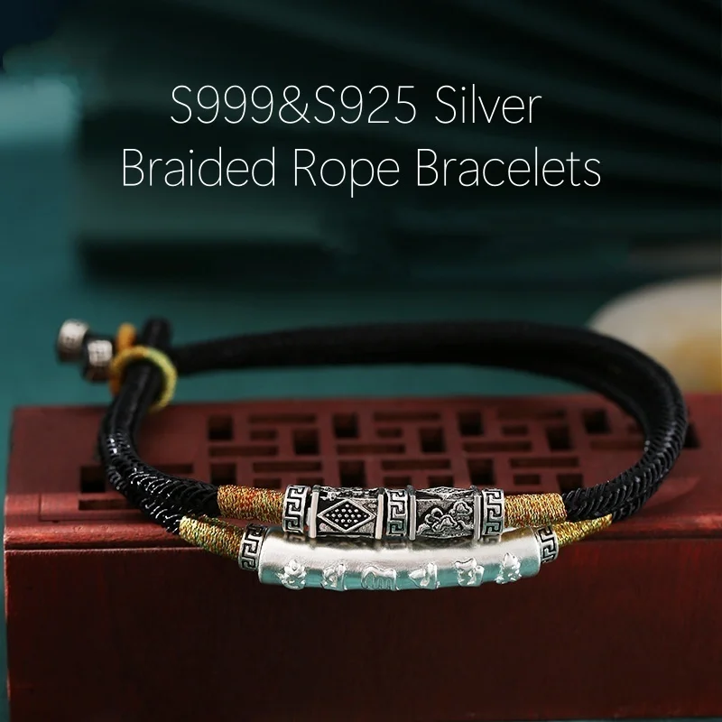 Мужской браслет ручной работы с двойной веревкой, стерлинговое серебро 999 и 925 пробы, Ом Мани Падме Хум, буддийская мантра, Шарм, дзен, ювелирные изделия для медитации 
Мужской браслет ручной работы с двойной веревкой, стерлинговое серебро 999 и 925 пробы, Ом Мани Падме Хум, буддийская мантра, Шарм, дзен, ювелирные изделия для медитации