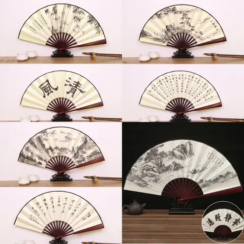 Éventail pliant rétro en soie pour hommes, 1 pièce, Style chinois, décoratif, poignée en bambou, à main, cadeaux de fête, artisanat de décoration pour la maison