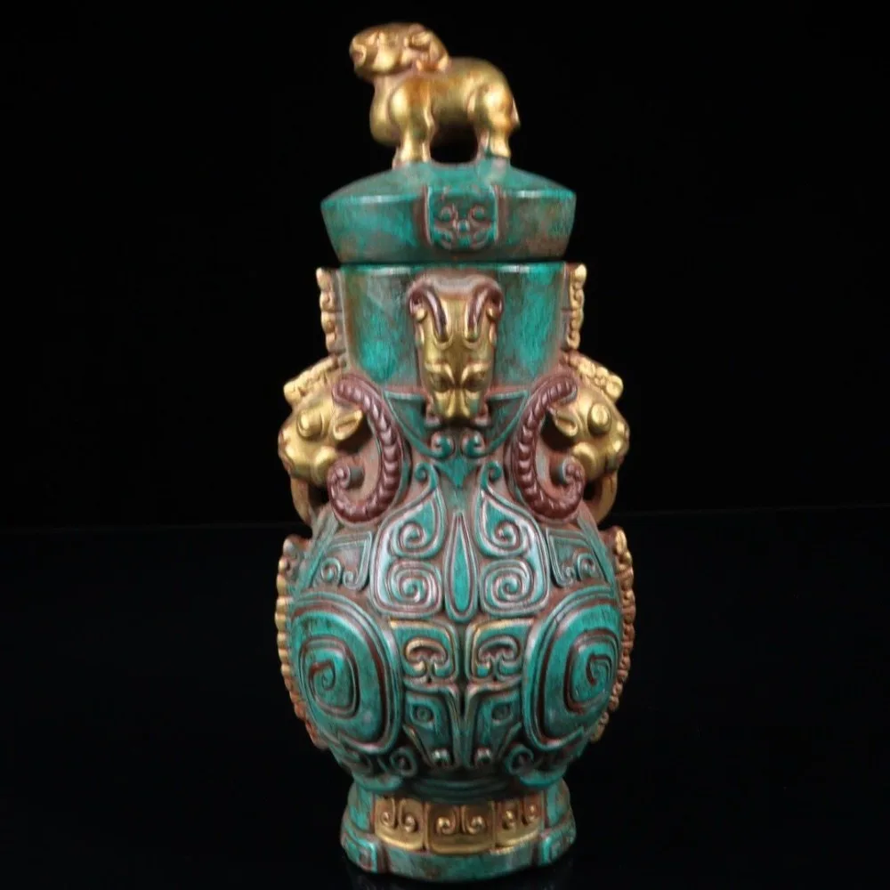 High-glaze Turquoise-colored Jade Vase with Gold-painted Auspicious Beasts, Featuring Intricate Relief Carving and A Rich Patina
High-glaze Turquoise-colored Jade Vase with Gold-painted Auspicious Beasts, Featuring Intricate Relief Carving and A Rich Patina