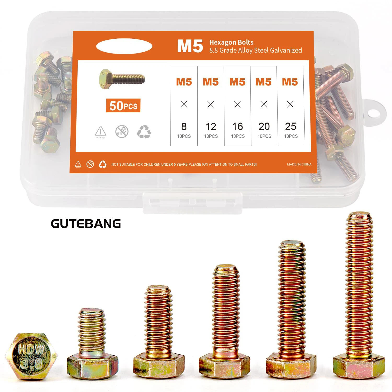 M5 x 8-25mm Heavy Hexagonal Bolts and Hex Head Screws, Grade 8.8 Alloy Steel, Machine, Combination Kit of 50 Pieces
M5 x 8-25mm Heavy Hexagonal Bolts and Hex Head Screws, Grade 8.8 Alloy Steel, Machine, Combination Kit of 50 Pieces
