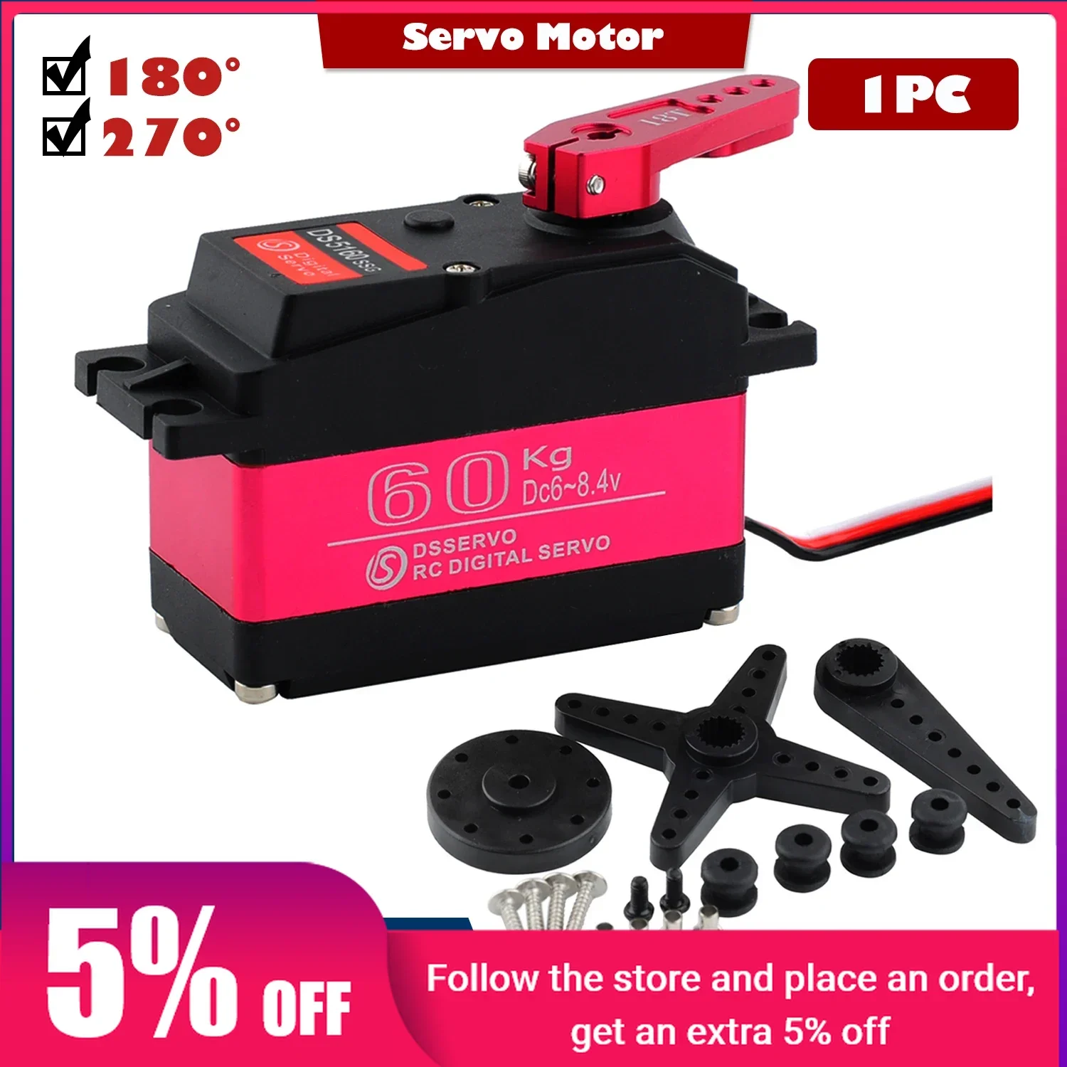 DS5160 Digital Servo 60kg High Torque Metal Gears Servos Waterproof Baja Servo with 18T Horn Arm For RC Robot Car 180/270 Degree
DS5160 Digital Servo 60kg High Torque Metal Gears Servos Waterproof Baja Servo with 18T Horn Arm For RC Robot Car 180/270 Degree