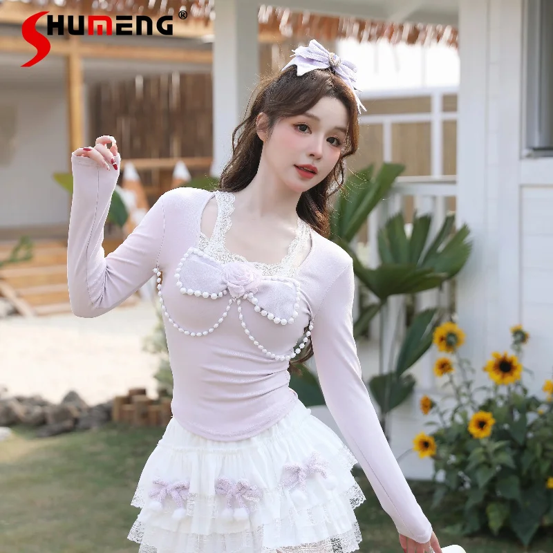 French Elegant Lolita Princess Long Sleeve Top Spring Summer New 2026 Women's Sweet Bow Pearl Chain Rose Lace Slimming T-Shirts
French Elegant Lolita Princess Long Sleeve Top Spring Summer New 2026 Women's Sweet Bow Pearl Chain Rose Lace Slimming T-Shirts