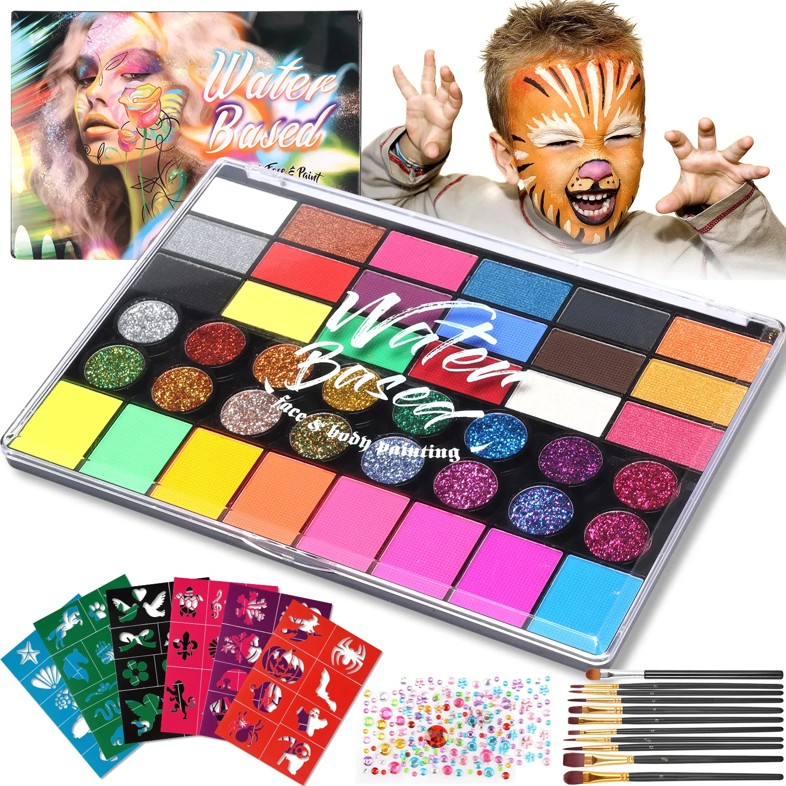 42 Colors Professional Face Paint Water Based Face Painting Kit Water Activated Makeup Full Set Gentle on Skin for Costume
42 Colors Professional Face Paint Water Based Face Painting Kit Water Activated Makeup Full Set Gentle on Skin for Costume