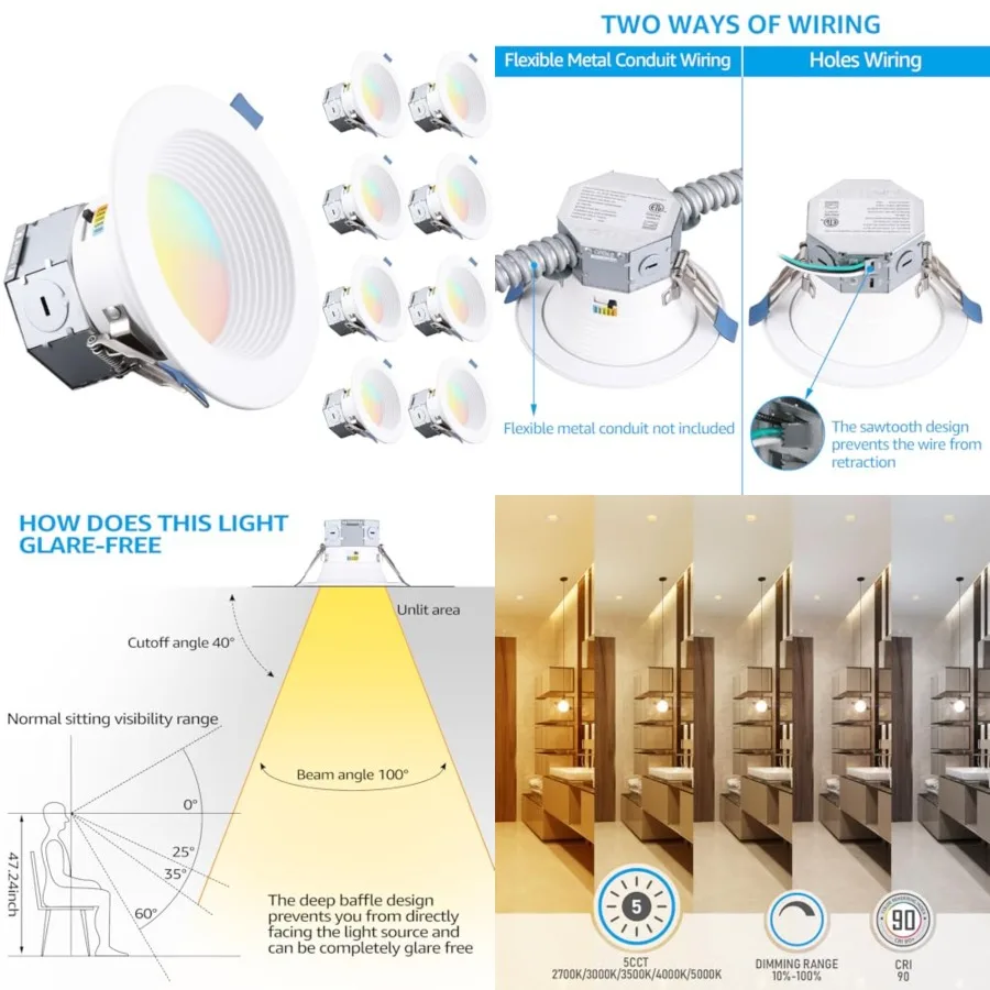 8-Pack 5CCT LED Integrated Canless LED Recessed Lighting with J-Box, Anti-Glare Deep Baffle, CRI90 Dimmable Ceilg Downlight, ET
8-Pack 5CCT LED Integrated Canless LED Recessed Lighting with J-Box, Anti-Glare Deep Baffle, CRI90 Dimmable Ceilg Downlight, ET