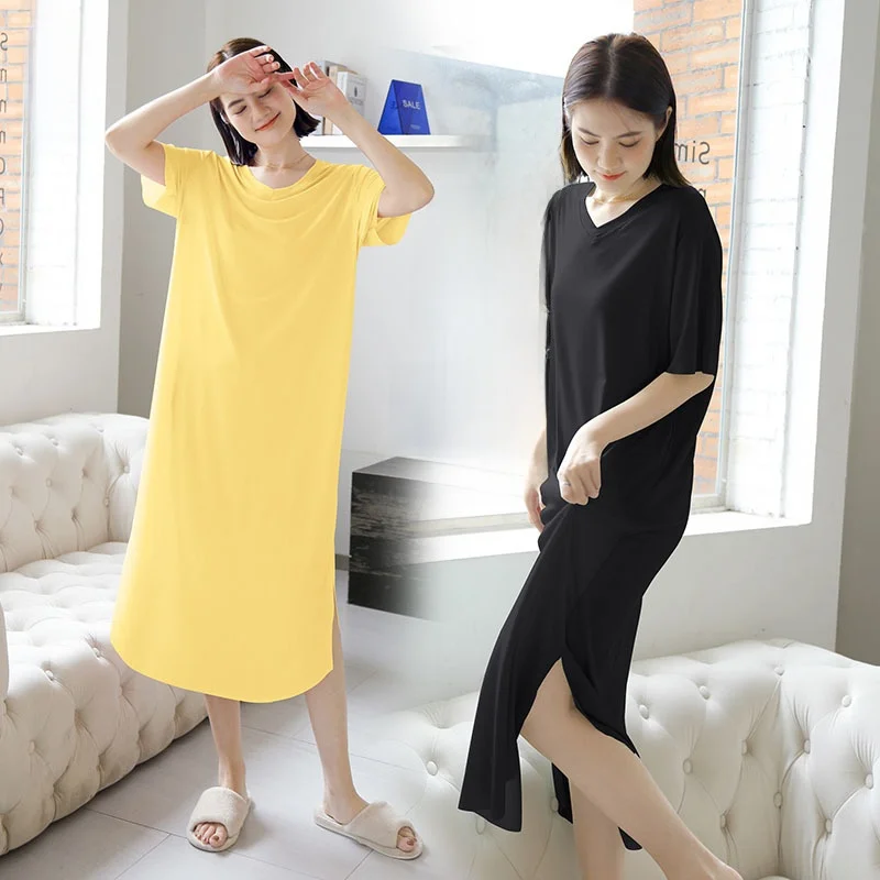 Summer Ice Silk Loose Home Dress Ladies Short Sleeve Side Slit Long Skirt Fashionable Sleepwear Comfortable Polyester Gown
Summer Ice Silk Loose Home Dress Ladies Short Sleeve Side Slit Long Skirt Fashionable Sleepwear Comfortable Polyester Gown