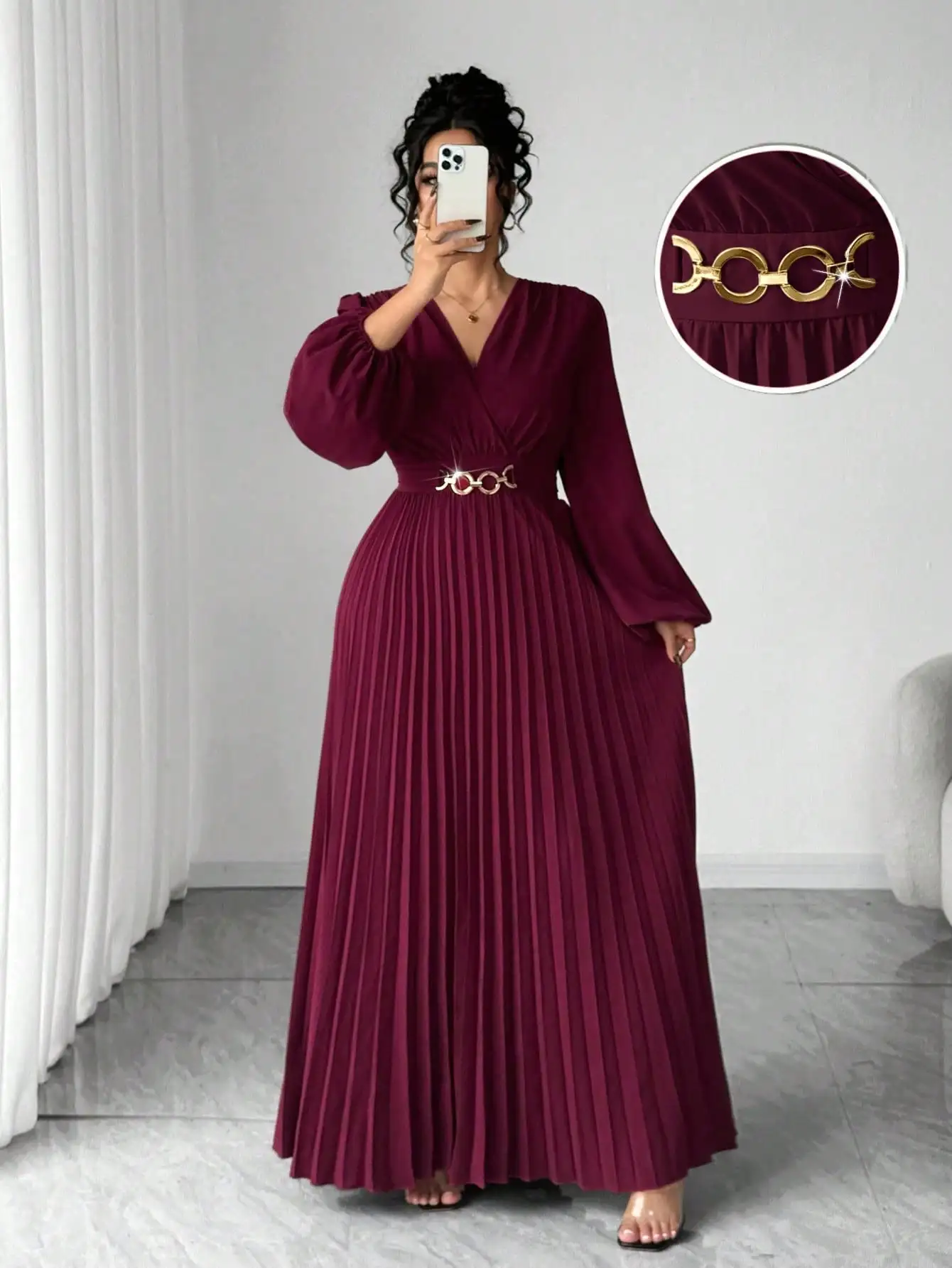 Burgundy V-Neck Pleated Maxi Dress with Gold Chain Belt, Long Sleeve, Wrap Style
Burgundy V-Neck Pleated Maxi Dress with Gold Chain Belt, Long Sleeve, Wrap Style