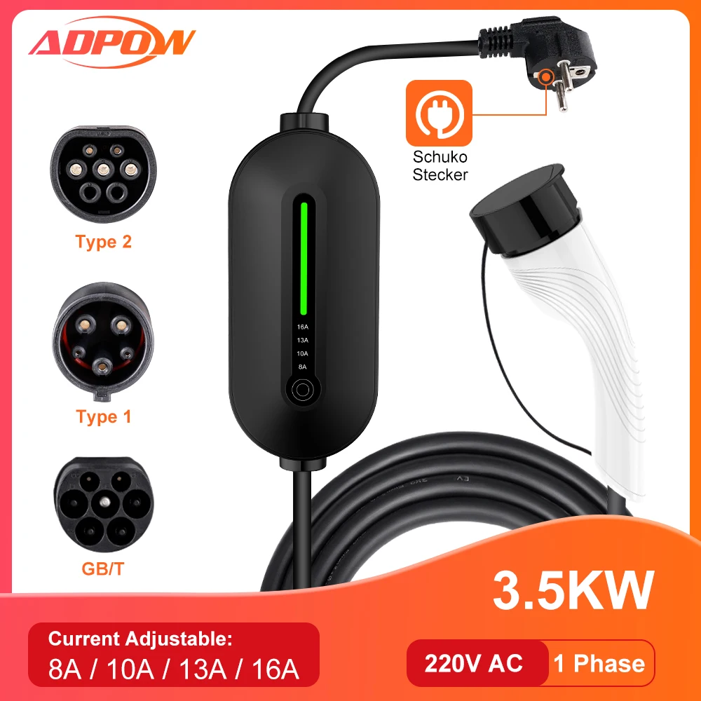 ADPOW 3.5KW Type2 IEC62196-2 Portable EV Charger 16A Type1 SAE J1772 EVSE Fast Charging Cable GB/T Wallbox For Electric Car
ADPOW 3.5KW Type2 IEC62196-2 Portable EV Charger 16A Type1 SAE J1772 EVSE Fast Charging Cable GB/T Wallbox For Electric Car