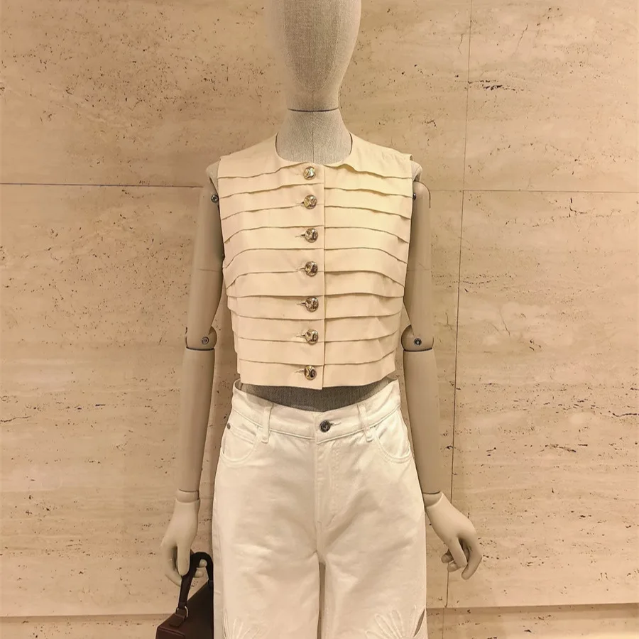 Spring Summer Design Sense Metal Single Button Pleated Vest Sleeveless Top Women's Fashion Inner Wear Cotton Blend Short Length
Spring Summer Design Sense Metal Single Button Pleated Vest Sleeveless Top Women's Fashion Inner Wear Cotton Blend Short Length