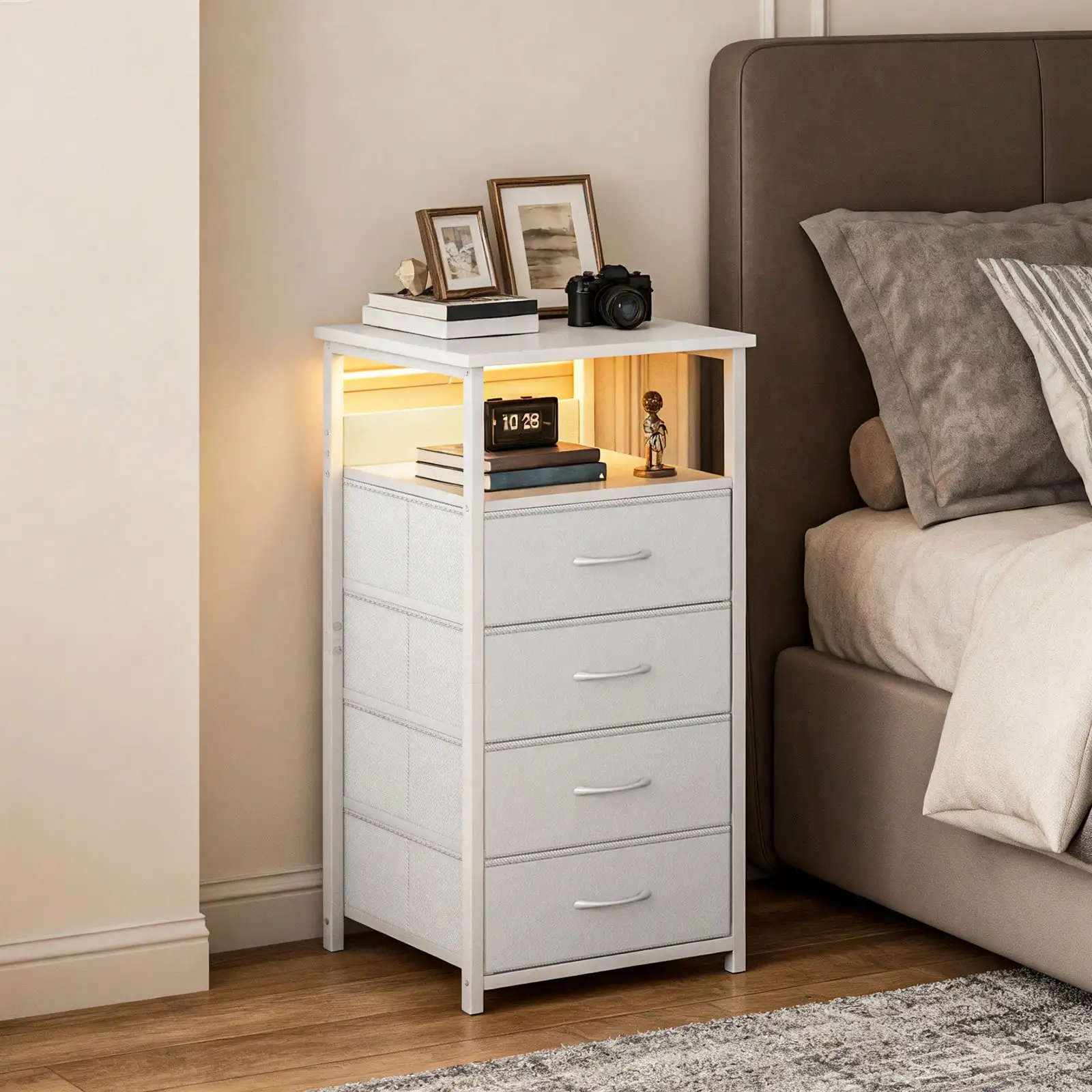 Tomnk Modern Tall Nightstand With USB Ports & Power Outlets, 4 PU-Finished Fabric Storage Drawers, White Compact Side Table
Tomnk Modern Tall Nightstand With USB Ports & Power Outlets, 4 PU-Finished Fabric Storage Drawers, White Compact Side Table