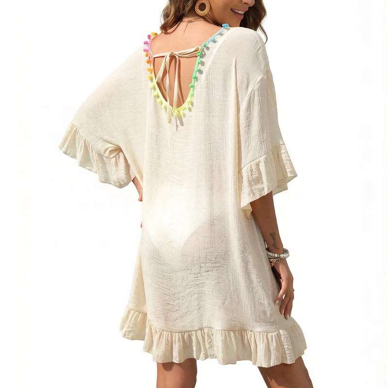Backless Color Ball Fringed Neck Short Beach Cover-up Dress for Women Casual Loose Sunscreen Swimsuit Coat Tunic
Backless Color Ball Fringed Neck Short Beach Cover-up Dress for Women Casual Loose Sunscreen Swimsuit Coat Tunic