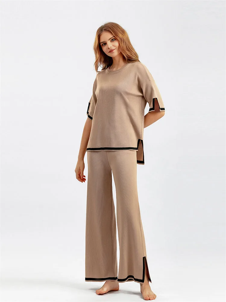 2023 Fashion Summer Knitted Sweater Two-piece Suit Women Casual Sets Short-sleeve Pullover Tops Wide-leg Trousers 2-piece Sets
2023 Fashion Summer Knitted Sweater Two-piece Suit Women Casual Sets Short-sleeve Pullover Tops Wide-leg Trousers 2-piece Sets