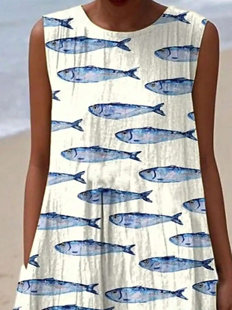 Women Sleeveless Round Neck Tank Dress White Base Blue Fish Print Loose Straight Fit Beach Casual Dress
Women Sleeveless Round Neck Tank Dress White Base Blue Fish Print Loose Straight Fit Beach Casual Dress