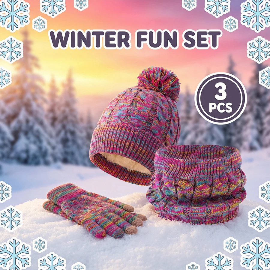 Stay Cozy Outdoors Kids Winter 3PCS Knitted Set Colorful Pom Pom Hat Scarf Gloves Warm Thermal Accessories for Boys Girls
Stay Cozy Outdoors Kids Winter 3PCS Knitted Set Colorful Pom Pom Hat Scarf Gloves Warm Thermal Accessories for Boys Girls