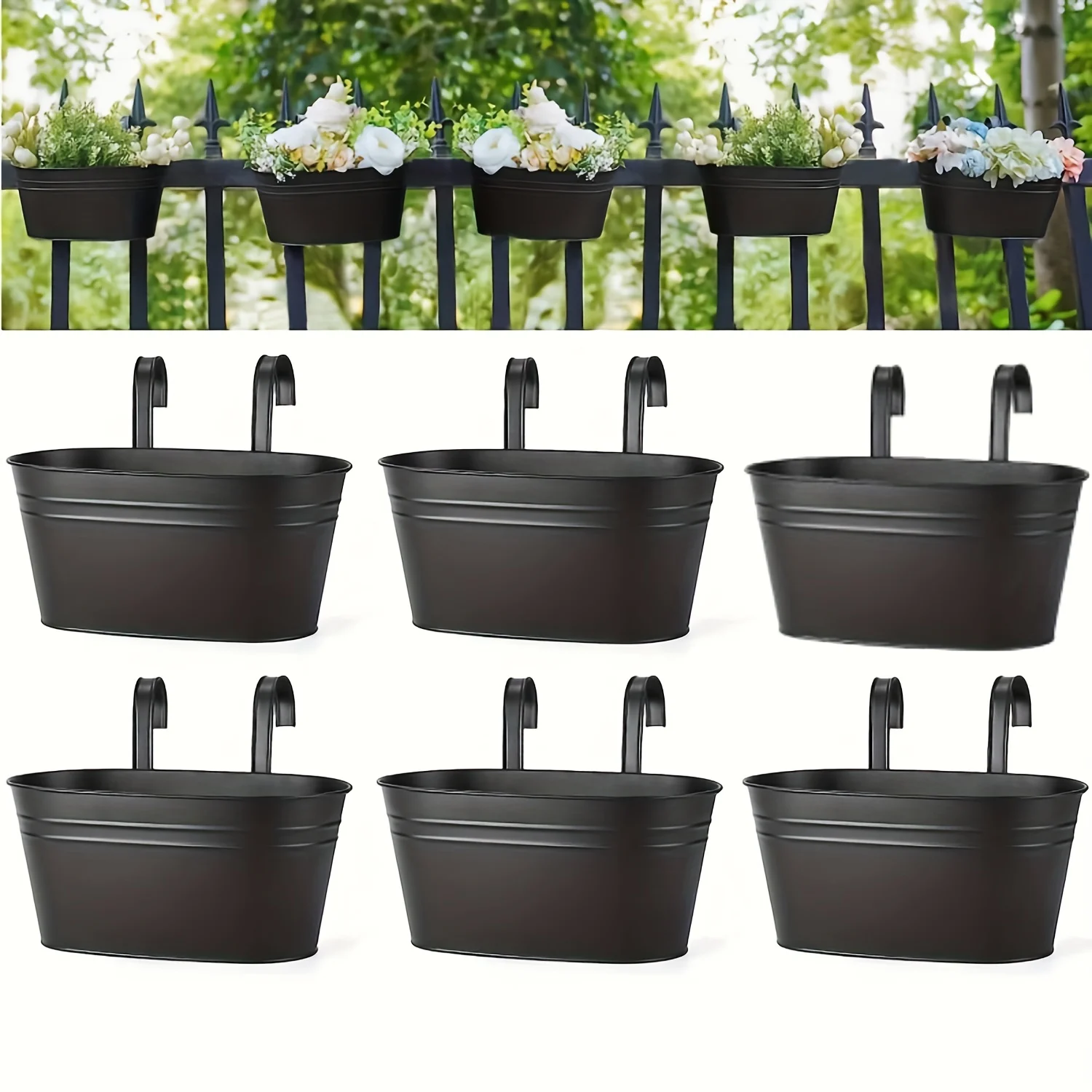 6pcs Black Iron Hanging Flower Pots, Detachable Hook for Fence & Railing, Rural Style Garden Decor.
6pcs Black Iron Hanging Flower Pots, Detachable Hook for Fence & Railing, Rural Style Garden Decor.