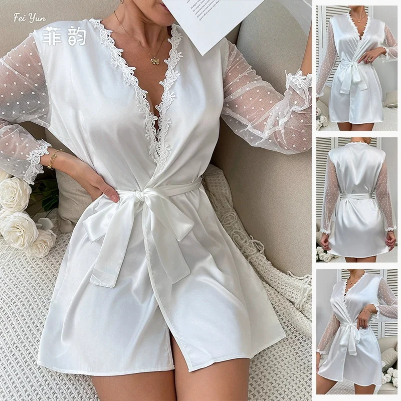Ladies Lace Kimono Bathrobe Sexy Mesh Sleeve Trim Nightgown Loose Wedding Dressing Gown Silky Satin Homewear Intimate Lingerie
Ladies Lace Kimono Bathrobe Sexy Mesh Sleeve Trim Nightgown Loose Wedding Dressing Gown Silky Satin Homewear Intimate Lingerie