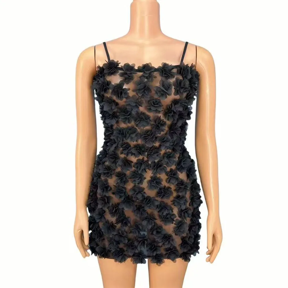 Women Sexy Black Flowers Suspenders Mini Dress Sexy Transparent Mesh Party Fashion Show Gown Stage Perform Costume Stage Wear 
Women Sexy Black Flowers Suspenders Mini Dress Sexy Transparent Mesh Party Fashion Show Gown Stage Perform Costume Stage Wear