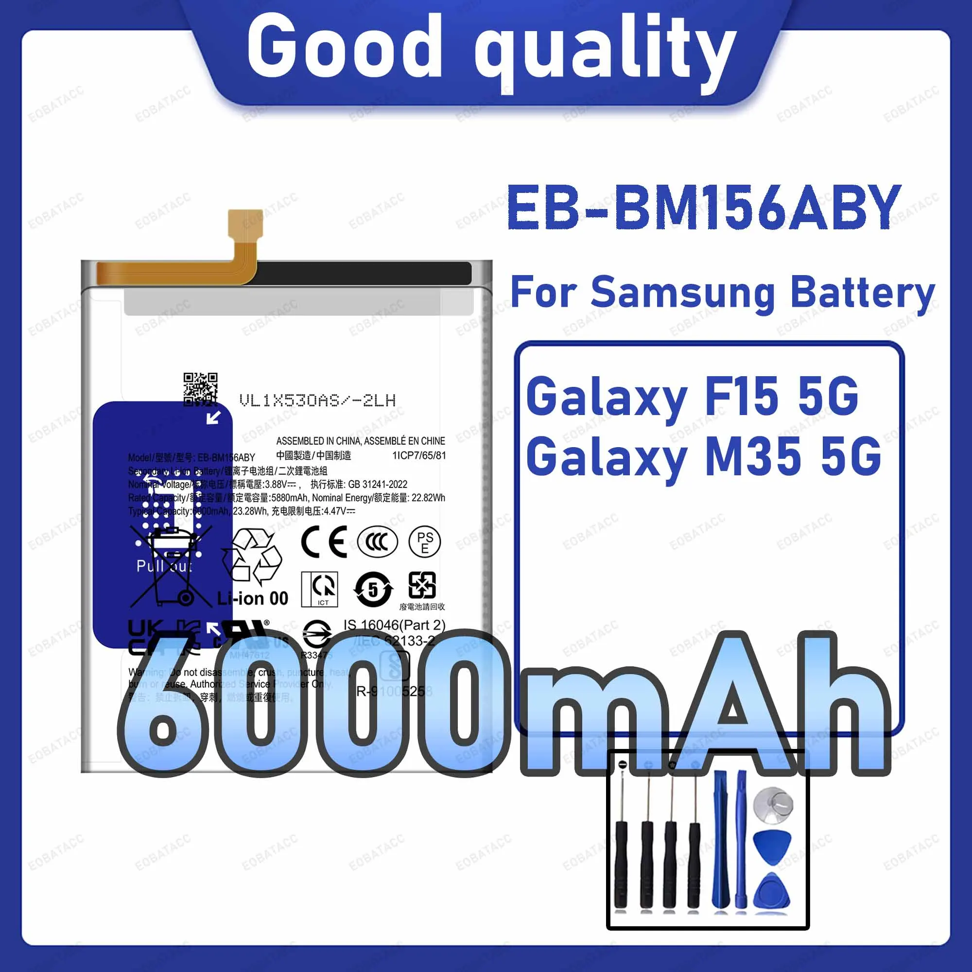 6000mAh EB-BM156ABY Replacement Battery for Samsung Galaxy F15 5G/M35 5G with Repair Tools Kit
6000mAh EB-BM156ABY Replacement Battery for Samsung Galaxy F15 5G/M35 5G with Repair Tools Kit