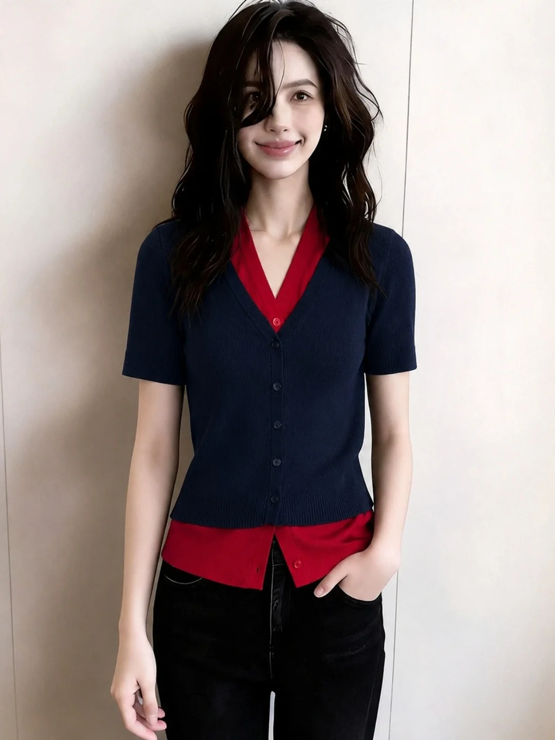 Color Block Short Sleeve V-Neck Knitwear Comfortable Unique Women's Fashion Summer Top Korean Style Slim Fit Silk Blend
Color Block Short Sleeve V-Neck Knitwear Comfortable Unique Women's Fashion Summer Top Korean Style Slim Fit Silk Blend