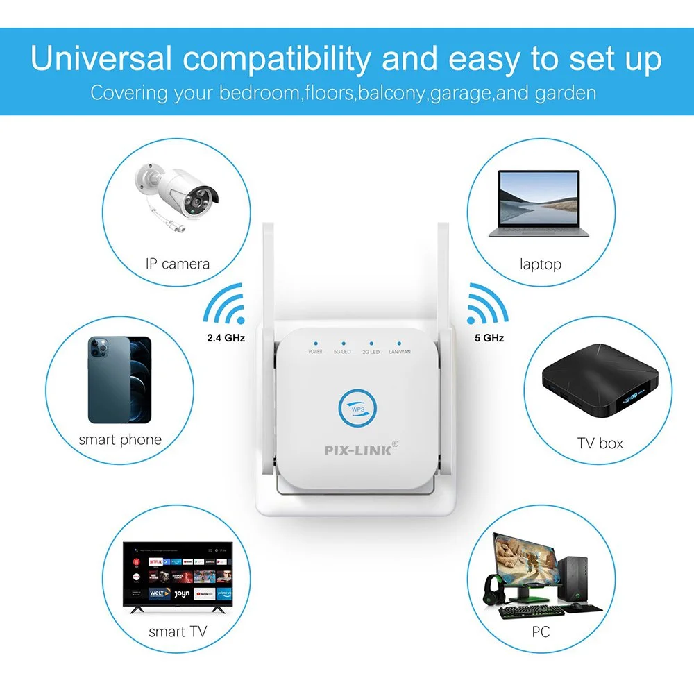 1200Mbps 2.4G/5G Portable Network Device PIX-LINK Dual Band Wifi Expander Black/ White For Extending Wireless Signal At Home
1200Mbps 2.4G/5G Portable Network Device PIX-LINK Dual Band Wifi Expander Black/ White For Extending Wireless Signal At Home