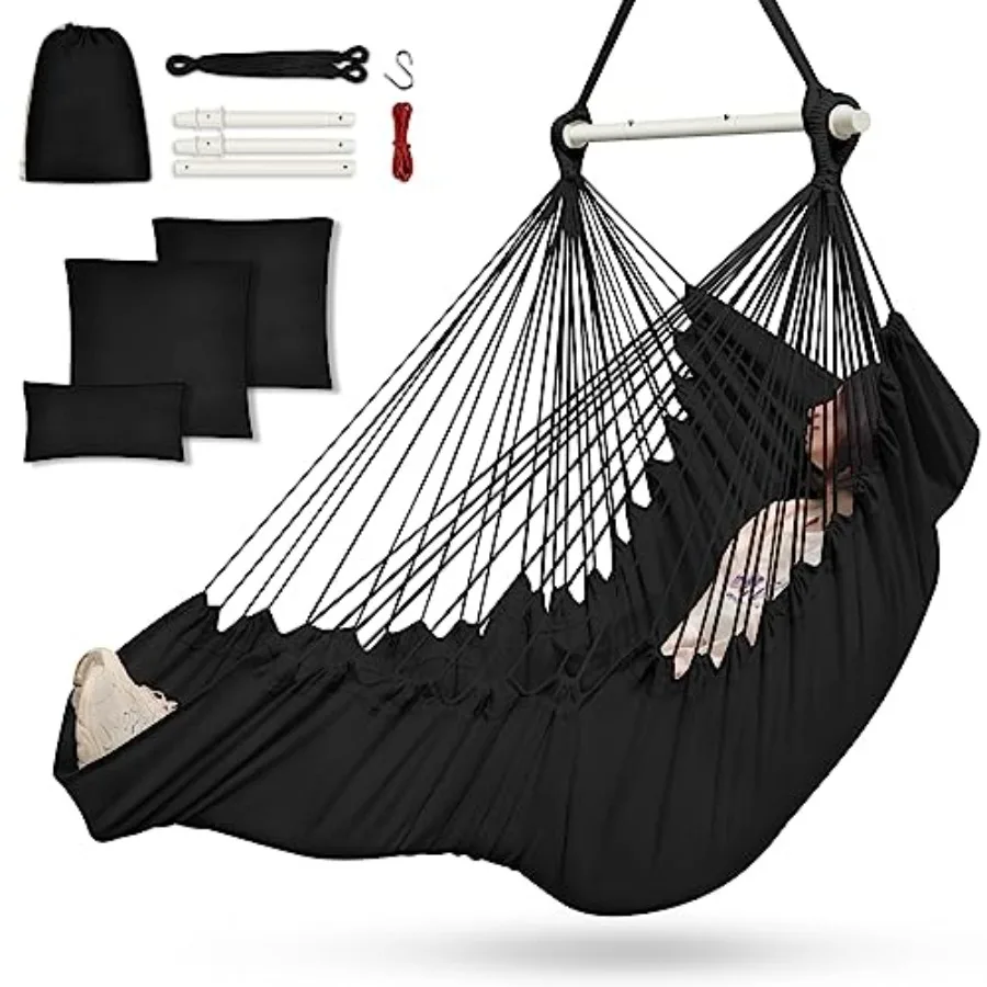 Hammock Chair Hanging Chair with 3 Cushions and Feet Rest Support Sturdy Metal Spreader Bar Max 500Lbs Swing Chair for Bedroom
Hammock Chair Hanging Chair with 3 Cushions and Feet Rest Support Sturdy Metal Spreader Bar Max 500Lbs Swing Chair for Bedroom