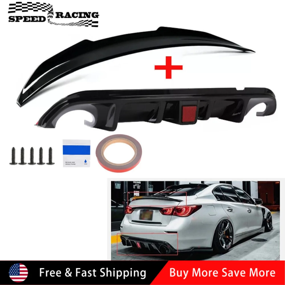 ABS Plastic Rear Duckbill Trunk Spoiler + Rear Bumper Diffuser Lip with LED For 2018-2023 Infiniti Q50 Glossy Black
ABS Plastic Rear Duckbill Trunk Spoiler + Rear Bumper Diffuser Lip with LED For 2018-2023 Infiniti Q50 Glossy Black