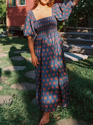 Women Puffed Sleeve Dress Casual Summer Plaid Floral Print Square Neck Party A-Line Dress for Beach Cocktail Streetwear