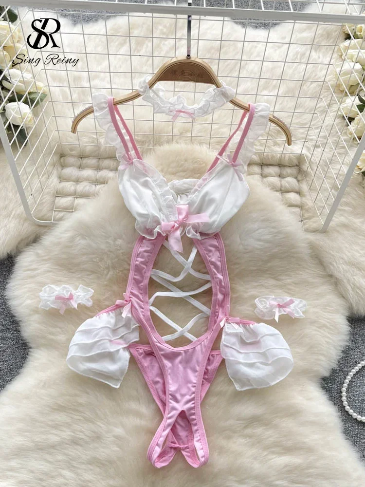 SINGREINY Cosplay Maid Uniform Sexy Bodysuits Women Ruffles Bow Hollow Out Slim Lingerie Female Open crotch Erotic Jumpsuit Sets
SINGREINY Cosplay Maid Uniform Sexy Bodysuits Women Ruffles Bow Hollow Out Slim Lingerie Female Open crotch Erotic Jumpsuit Sets