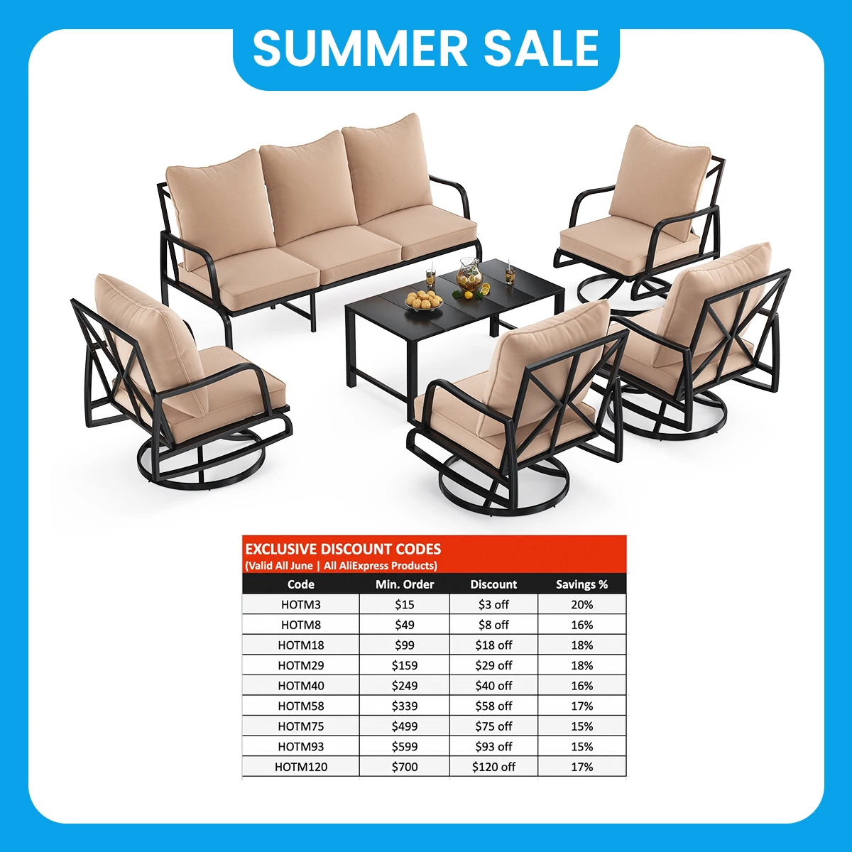 Farini 6-Piece Outdoor Metal Conversation Set with Coffee Table, 4 Swivel Chairs & 3-Seat Sofa, for Porch, Balcony, Backyard
Farini 6-Piece Outdoor Metal Conversation Set with Coffee Table, 4 Swivel Chairs & 3-Seat Sofa, for Porch, Balcony, Backyard
