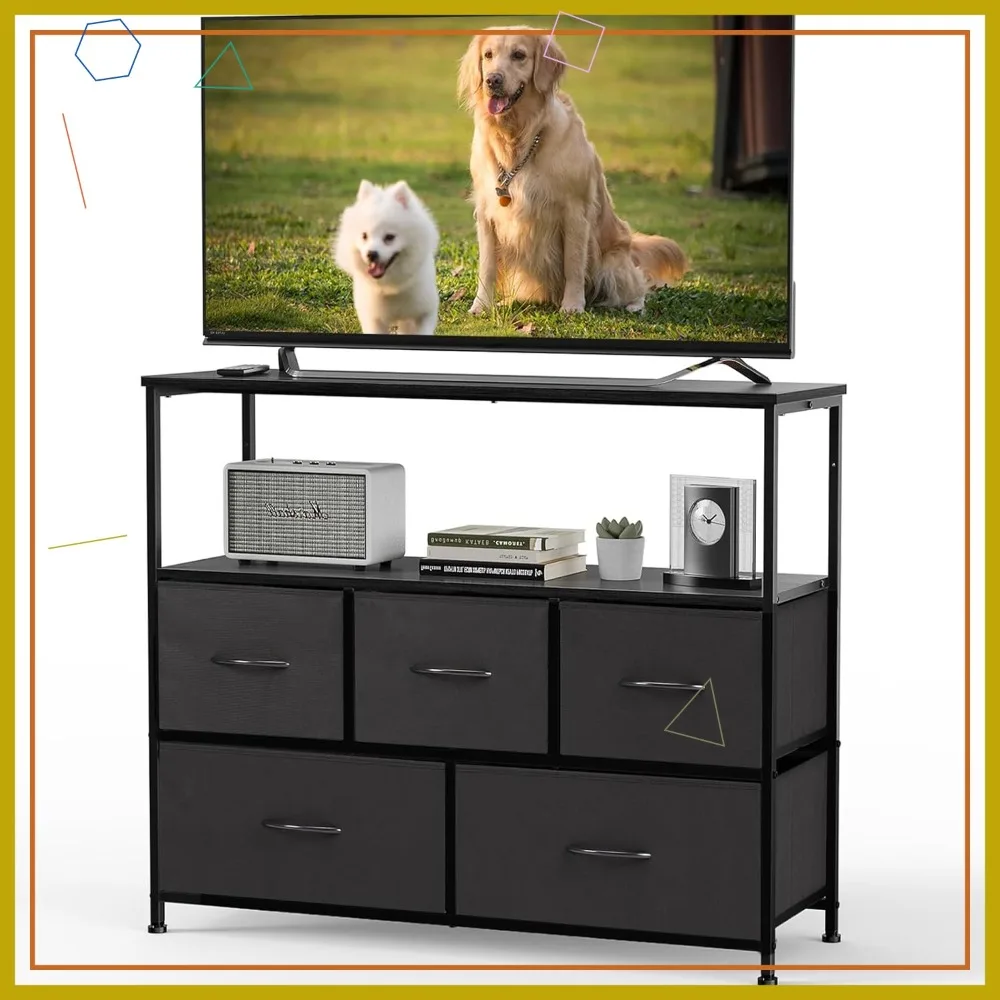 TV Stand with 5 Fabric Drawers, Open Shelf for 45 inch TV, Compact Entertainment Unit for Bedroom or Dorm, Black
TV Stand with 5 Fabric Drawers, Open Shelf for 45 inch TV, Compact Entertainment Unit for Bedroom or Dorm, Black