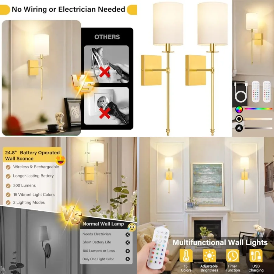 Wall Sconces Battery Operated Set of 2, Rechargeable Wireless Wall Sconces Lights with Remote, Not Hardwired Dimmable Gold Wall
Wall Sconces Battery Operated Set of 2, Rechargeable Wireless Wall Sconces Lights with Remote, Not Hardwired Dimmable Gold Wall