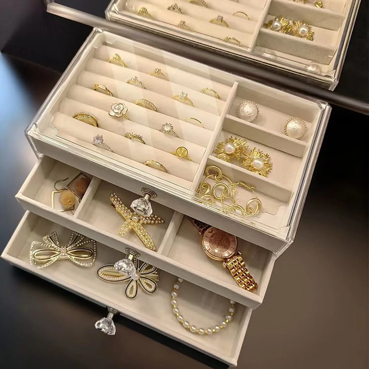 1pc Transparent Jewelry Organizer Box, Mother's Day Gift, 3-Tier Drawer Storage For Earrings, Rings, Necklaces, Bracelets
1pc Transparent Jewelry Organizer Box, Mother's Day Gift, 3-Tier Drawer Storage For Earrings, Rings, Necklaces, Bracelets