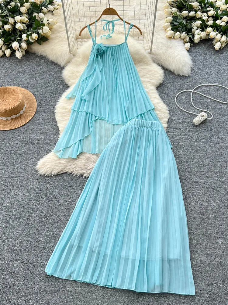 Gentle Aosphere Sensation Pleated Thin Veil Set Women Summer Strap Top Elastic Waist A-Line Long Pants f Skirt
Gentle Aosphere Sensation Pleated Thin Veil Set Women Summer Strap Top Elastic Waist A-Line Long Pants f Skirt